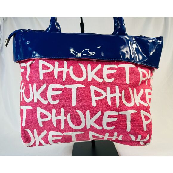 Robin Ruth Phuket Logo Tote Bag Blue Pink Patent Handle Shopper MOD - Picture 2 of 14